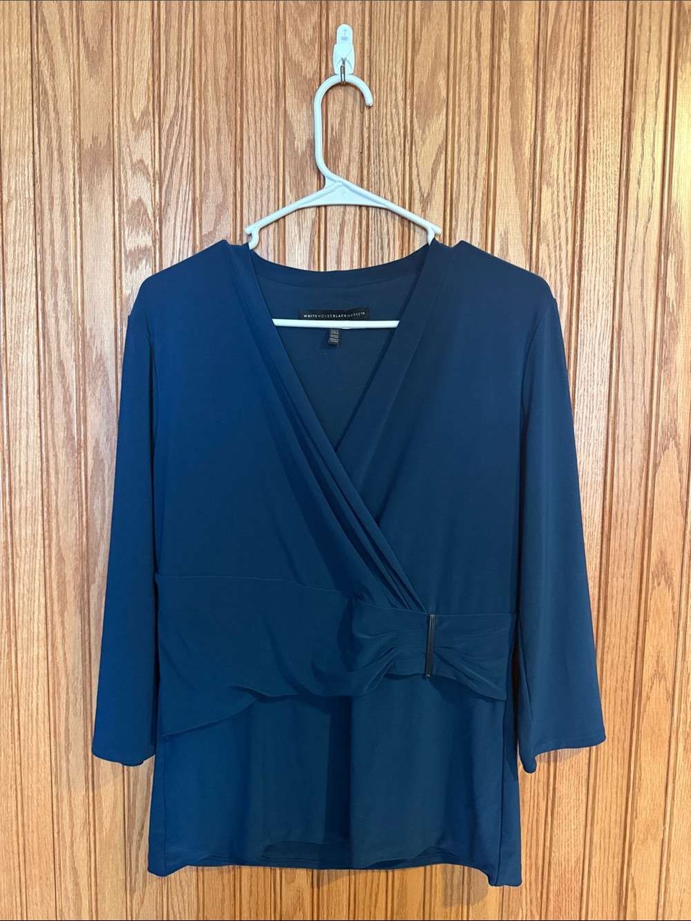 White House Black Market Navy Wrap-Style Long Sleeve Top with Side Buckle